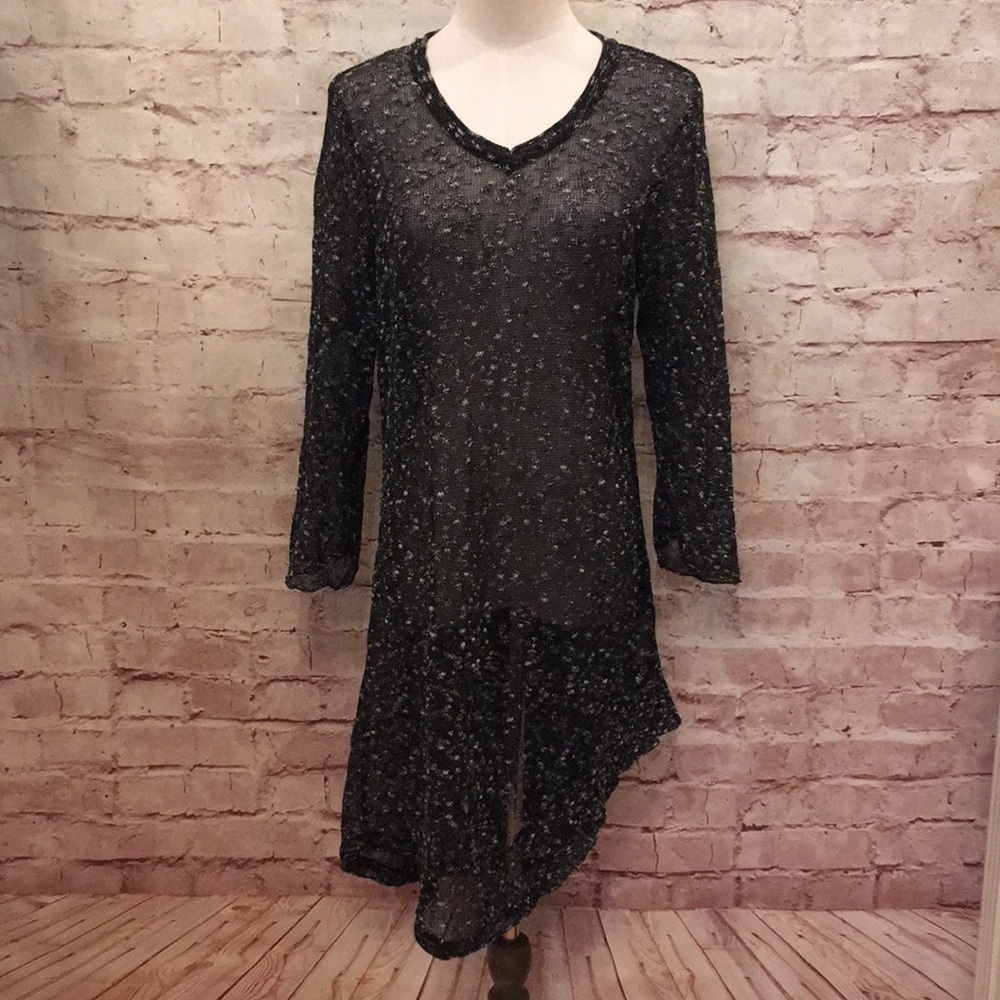 RISONA TOMO Sheer Mesh Knit Speckled Asymmetrical Long Tunic Sweater  Women 1